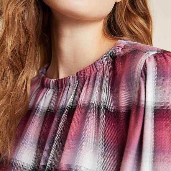 Cloth and Stone for Anthro Glacier Plaid Blouse Balloon Sleeve Elastic Hem - Picture 2 of 9